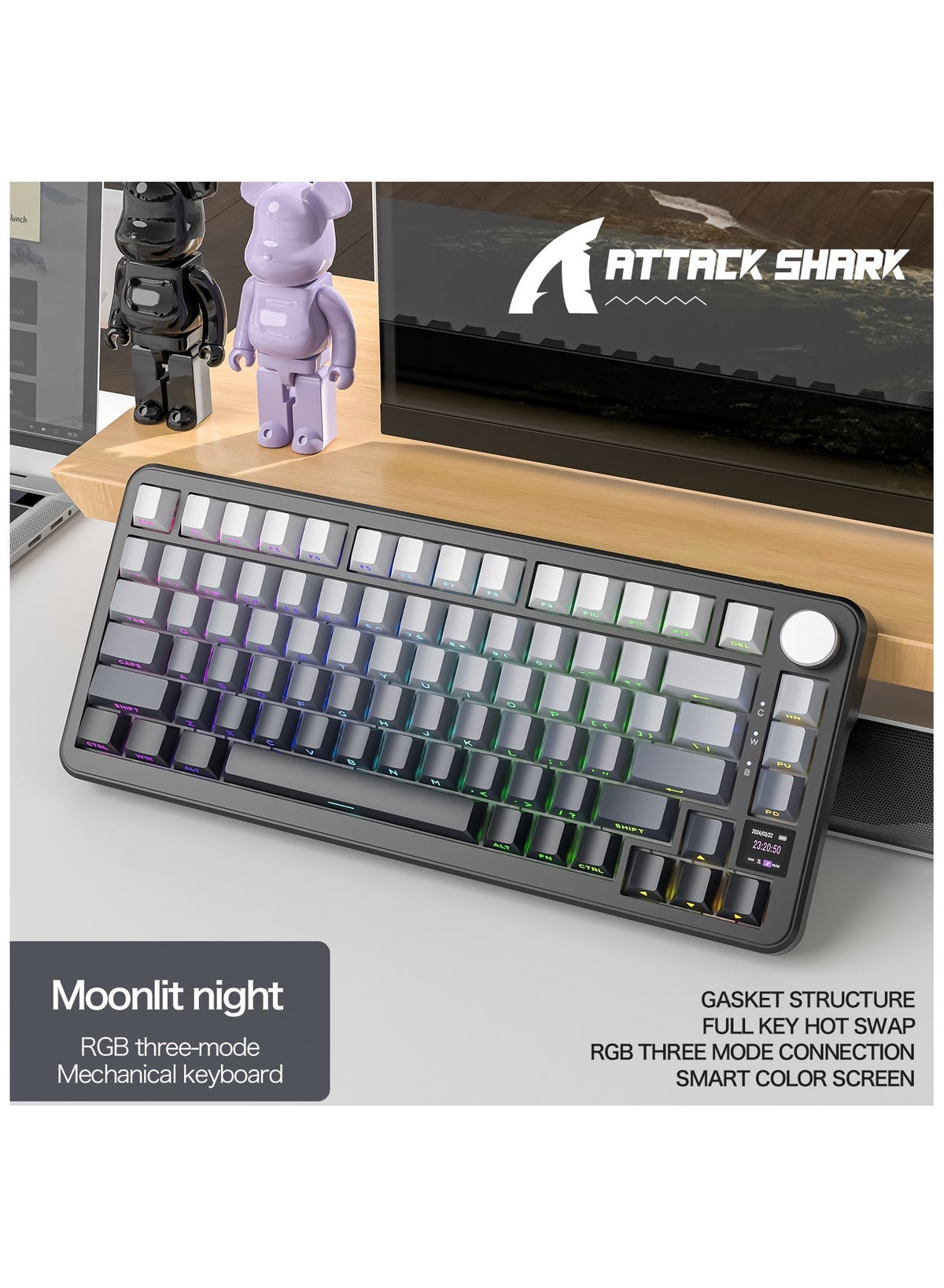 Compare ATTACK SHARK X85Pro Wireless Mechanical Gaming Keyboard – HotSwappable – 75% Compact Layout – Smart TFT Display & Metal Knob – TriMode Connection Bluetooth 5.1, 2.4GHz, USBC – RGB Backlight – Gasket Mount – PBT Keycaps – PC Laptop Mac Compatible Lavender Purple at KSA Price