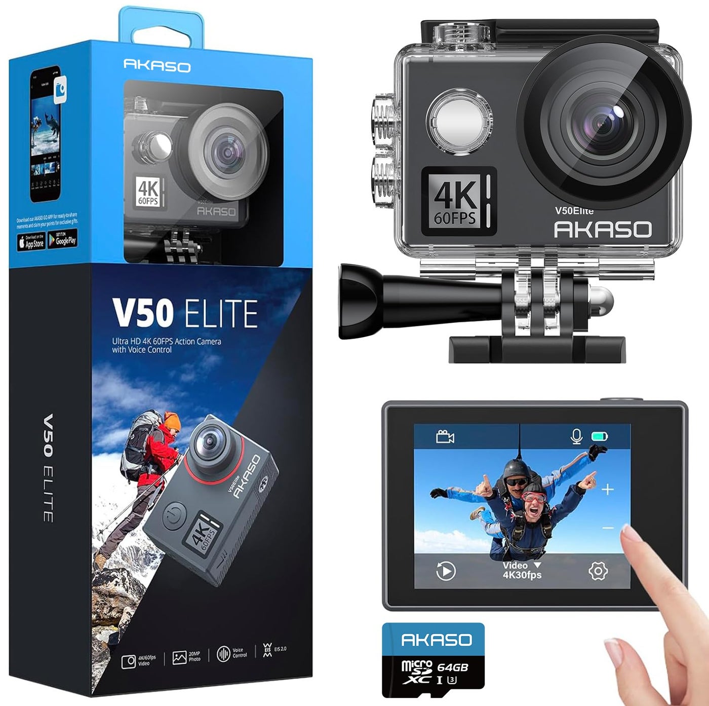 Compare AKASO V50 Elite 4K60fps Action Camera with 128GB MicroSDXC U3 Memory Card Accessories Kit Bundle Voice Control EIS 40M Waterproof Camera 8X Zoom Remote Control at KSA Price