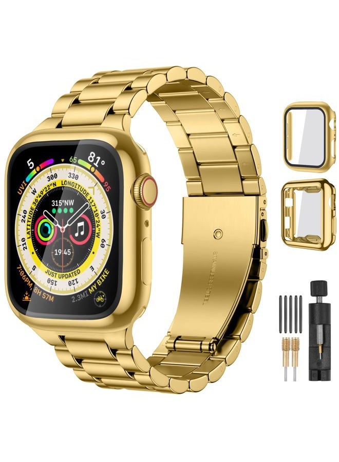 Compare Compatible with Apple Watch Band 40mm 41mm 38mm 44mm 42mm 45mm 49mm, Stainless Steel Metal Band for Apple with 2 Pack Screen Protective Case for Series 9 8 7 6 5 4 31 SE SE2 Ultra2 for Men at KSA Price